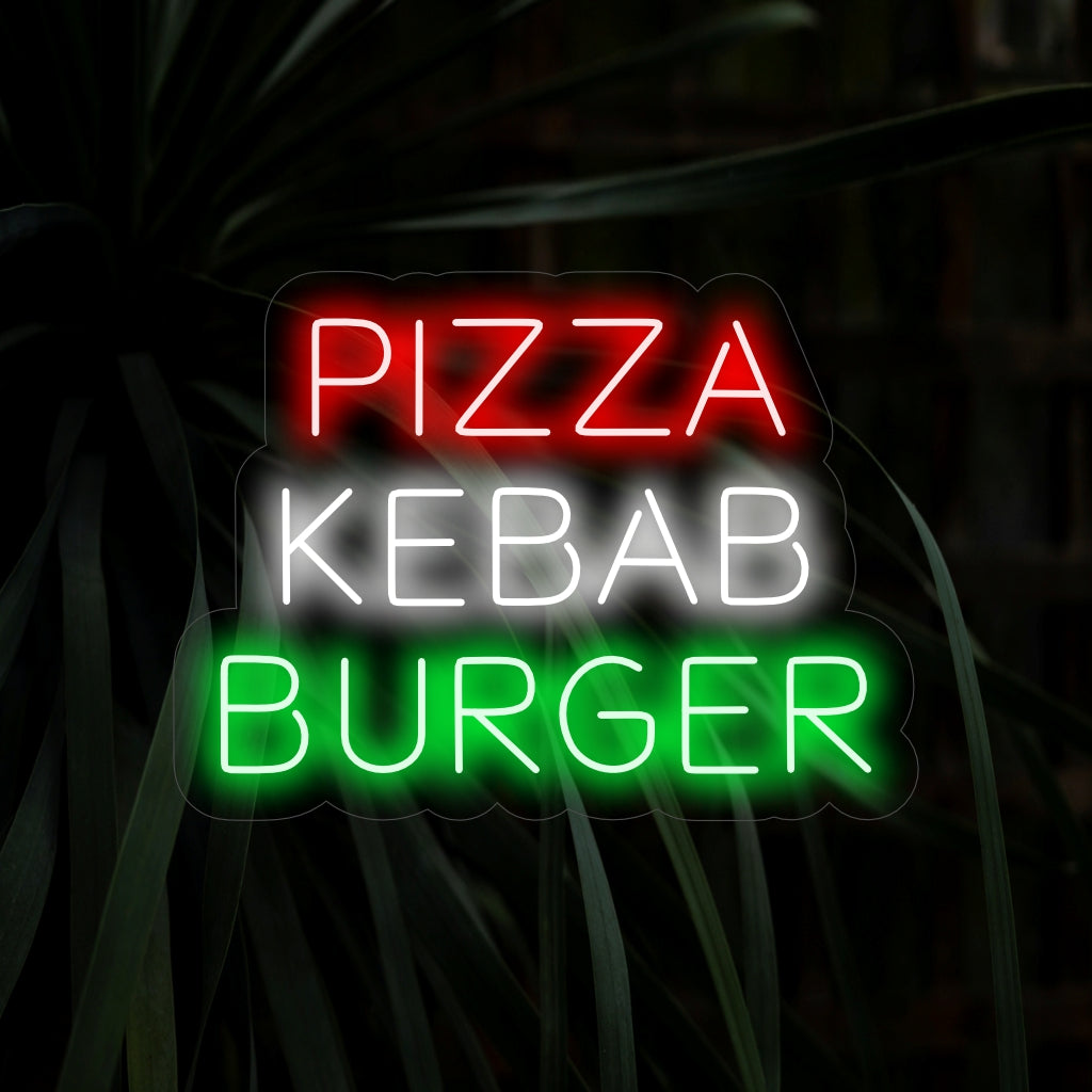"Placa de neon Pizza Kebab Burger" é um toque de dar água na boca e versátil, perfeito para espaços que oferecem uma variedade de opções deliciosas. Ilumine com o aroma de um cardápio variado!