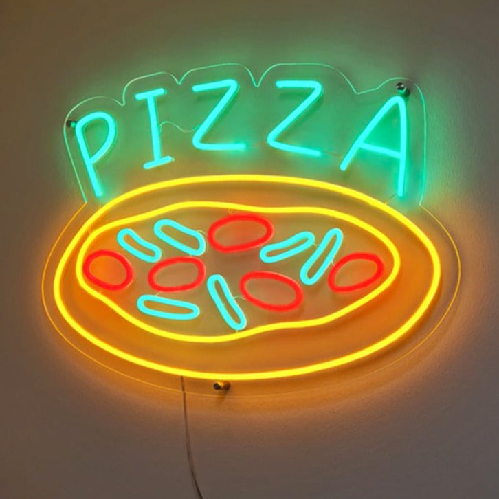 "Pizza Neon Sign" é um toque delicioso e icônico para pizzarias e amantes de pizza. Ilumine com o aroma de uma delícia fresquinha!