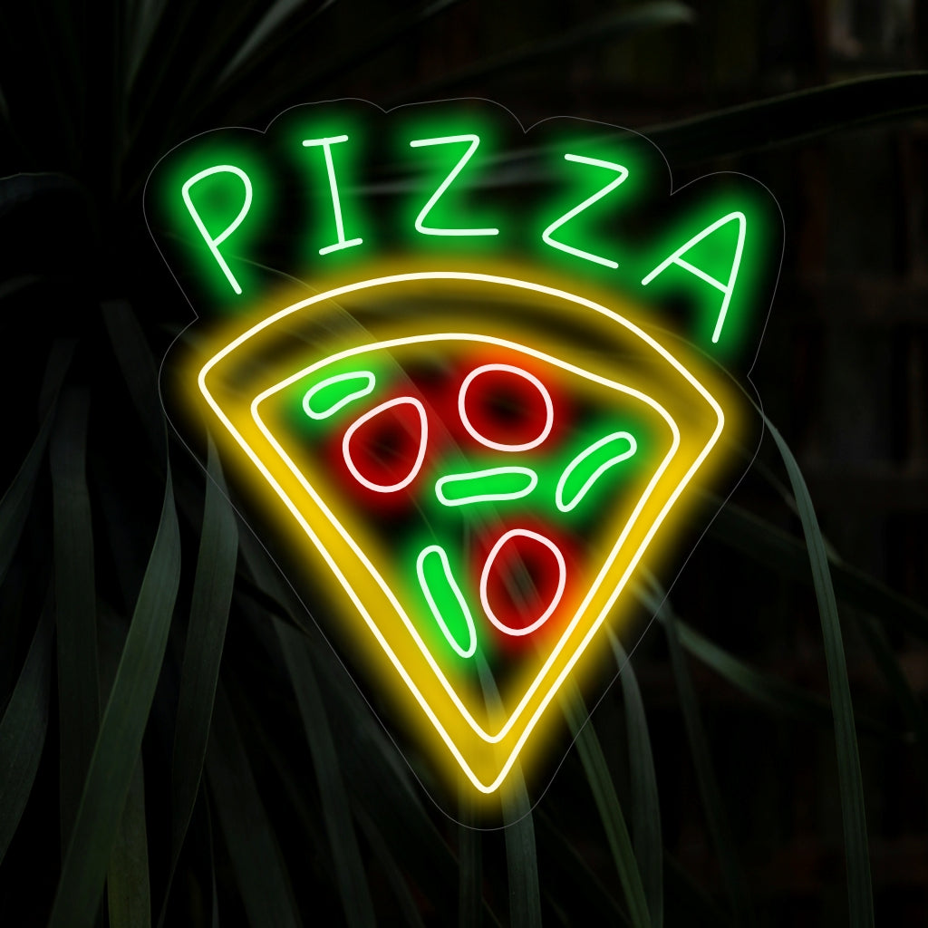 "Placa de neon com fatias de pizza" é um toque especial, perfeito para pizzarias e apaixonados por pizza. Ilumine com o charme irresistível de uma única fatia!