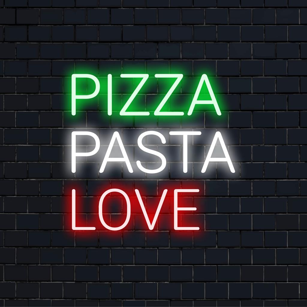 Placa de neon LED personalizada exibindo Pizza Pasta Love com brilho vívido e colorido; perfeita como decoração de parede de neon exclusiva.