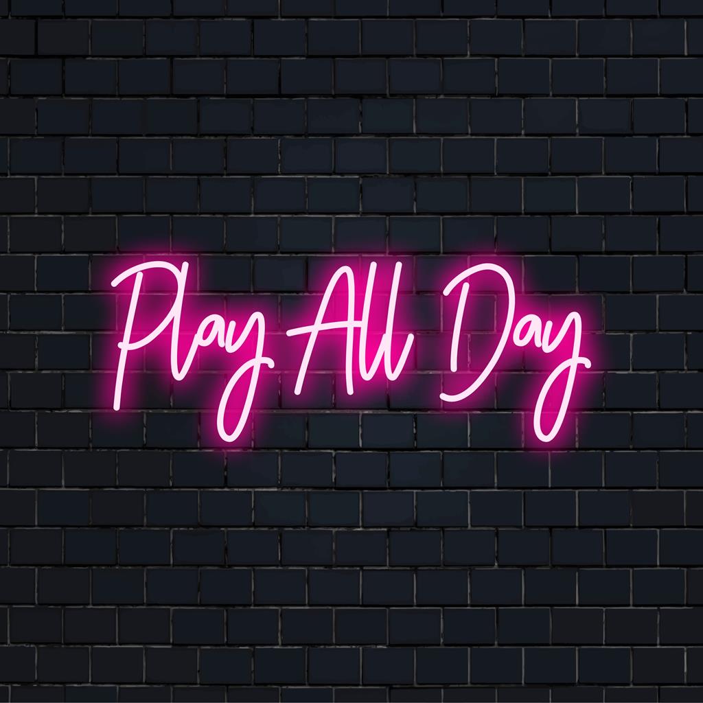 Placa de neon LED personalizada com o divertido texto "Play All Day", decoração de neon perfeita para espaços vibrantes e envolventes.