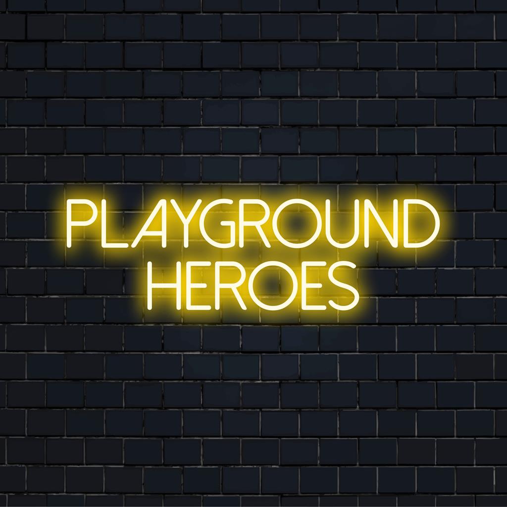 Placa de LED personalizada intitulada Playground Heroes, com decoração neon personalizada, perfeita para criar um ambiente vibrante no ambiente.