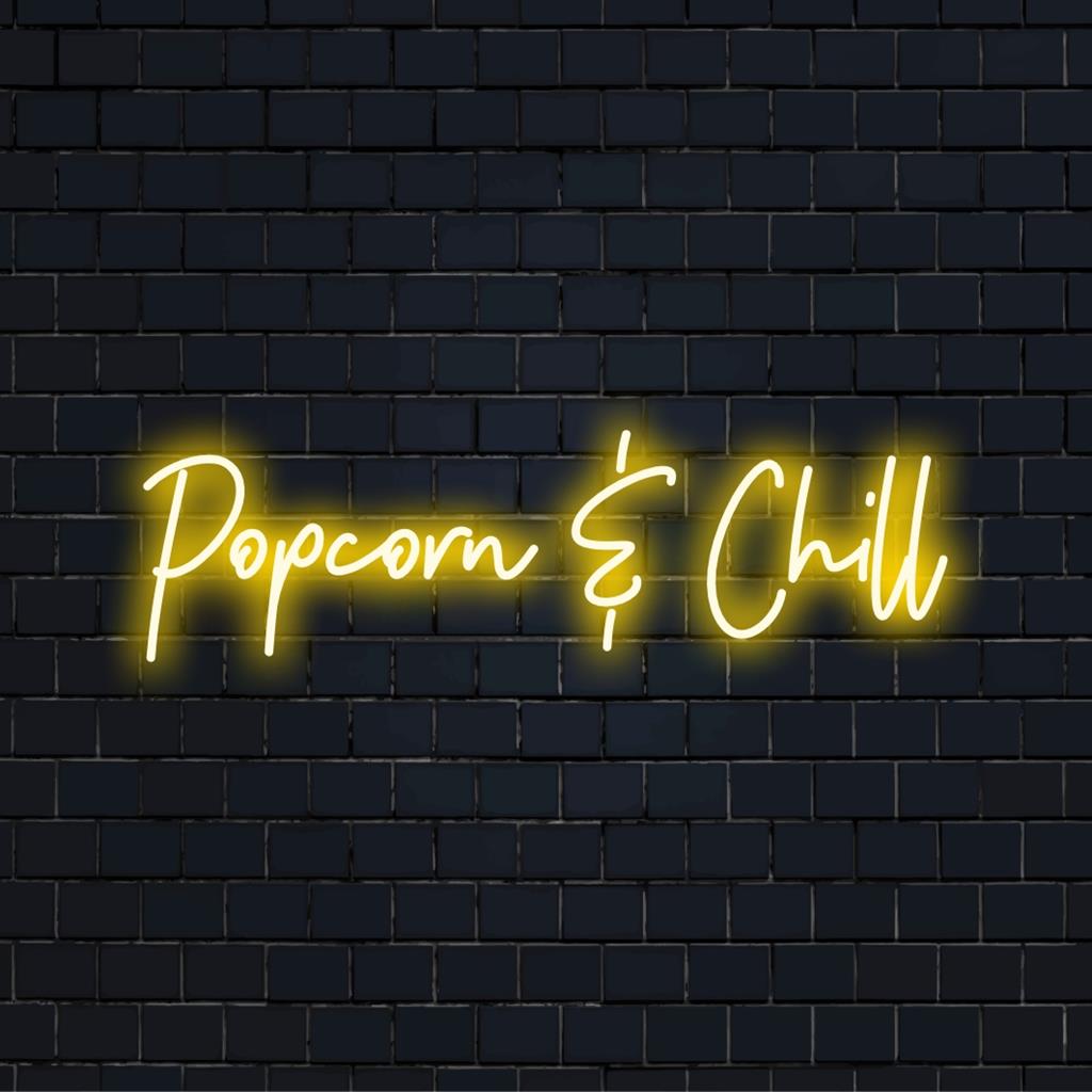 Placa de neon Popcorn Chill; decoração de LED personalizada para cinemas ou lounges, com design divertido de pipoca e roteiro em tons quentes.