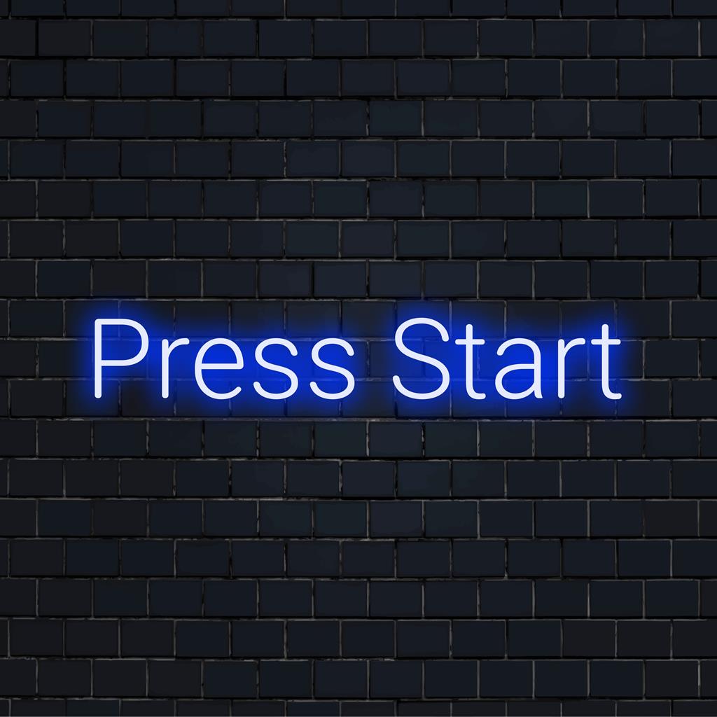 Letreiro de LED neon vibrante feito sob medida com a frase Press Start; perfeito para adicionar um toque de jogo retrô a qualquer espaço.