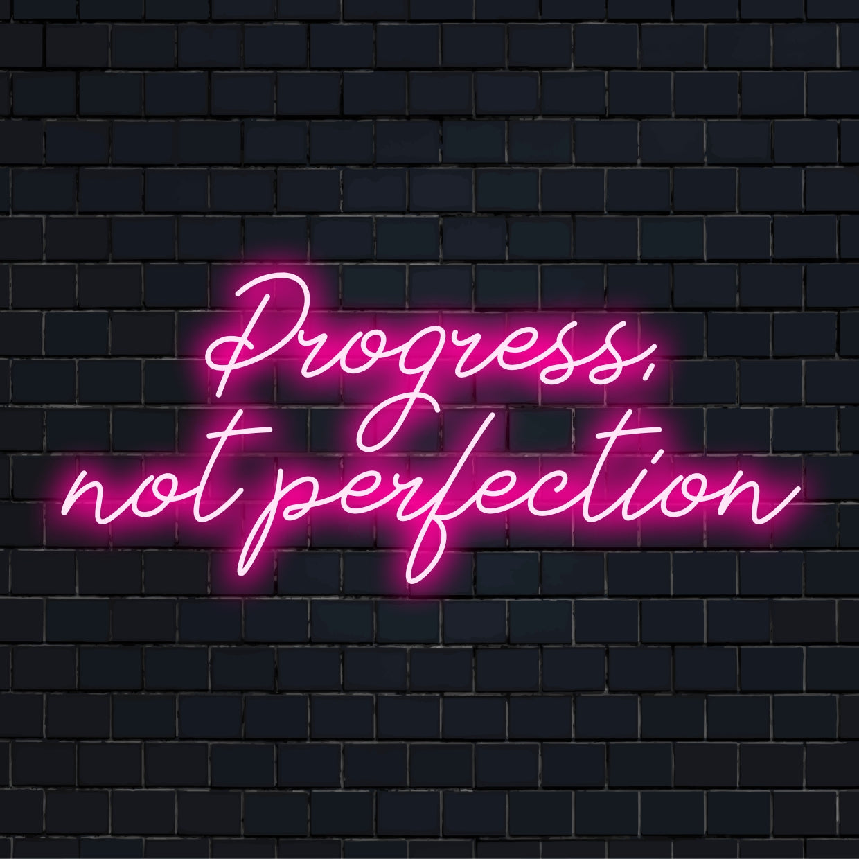 Placa de neon LED feita à mão com Progress, Not Perfection em tons vibrantes ��� uma inspiradora peça de decoração de luz personalizada.