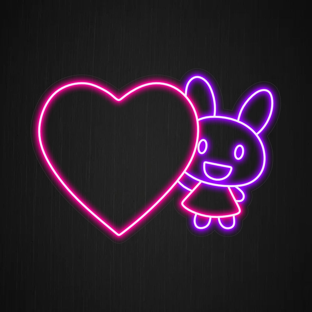 "Placa de neon com coelho e coração grande" é uma adição encantadora, perfeita para espaços que celebram o amor e a fofura dos coelhos. Ilumine com o calor de um coelho de grande coração!