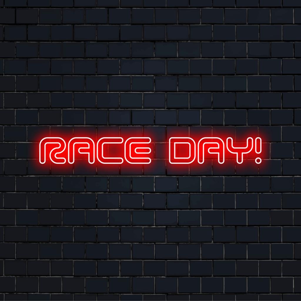 Placa de LED neon com os dizeres "Dia da Corrida!" com cores vibrantes, decoração personalizada perfeita para entusiastas e eventos de automobilismo.