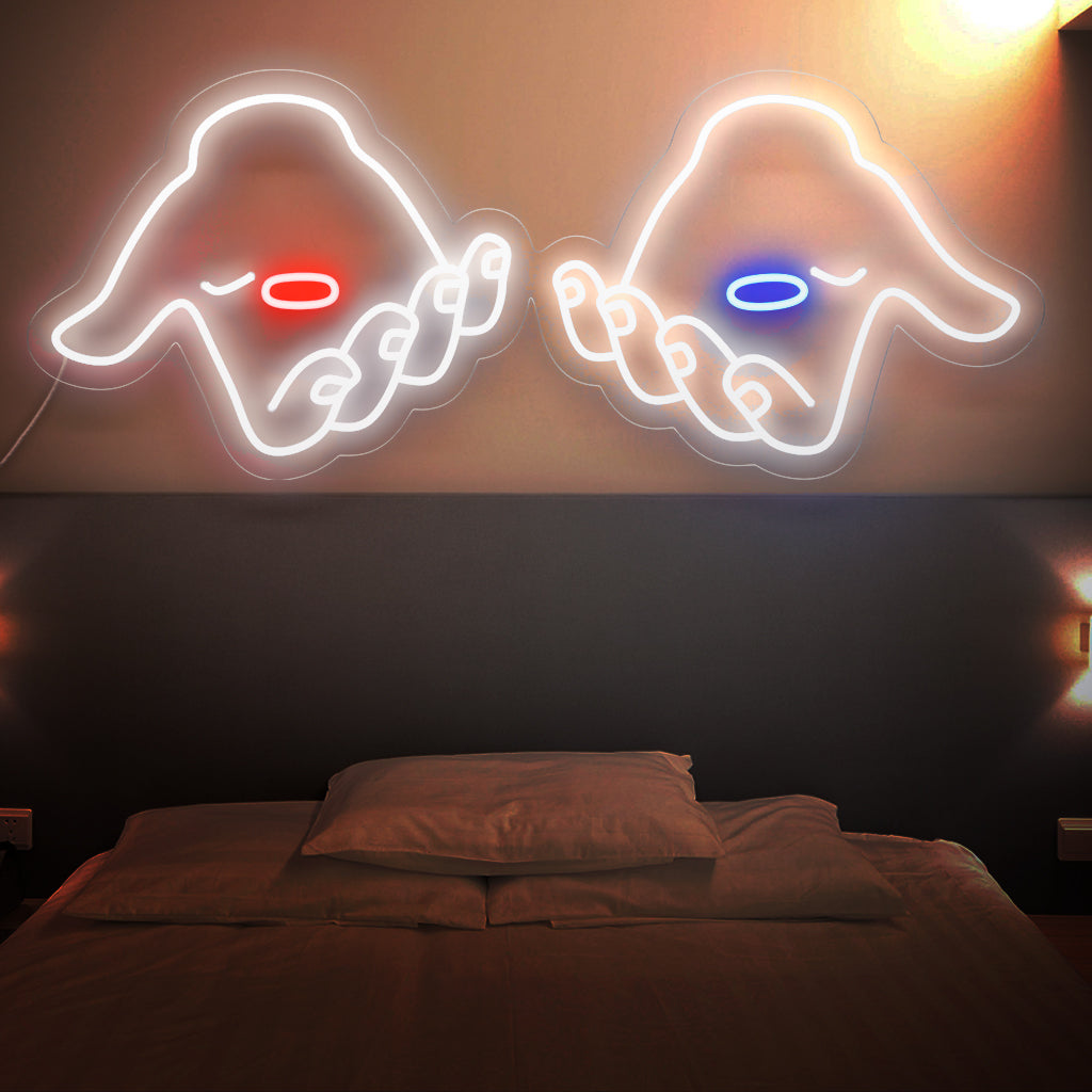 "Placa de neon com pílulas vermelhas e azuis" é um toque cativante, simbolizando escolha e tomada de decisão. Ilumine com o contraste das pílulas na mão!