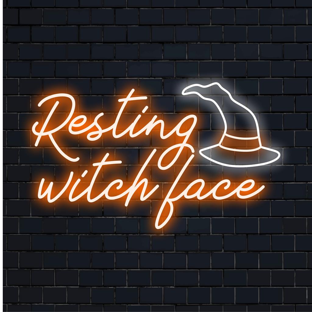 Letreiro de neon LED personalizado com a frase "Cara de Bruxa em Repouso"; texto vibrante em neon, perfeito para uma decoração assustadora com luzes neon. Letreiro de neon personalizado para o seu espaço.