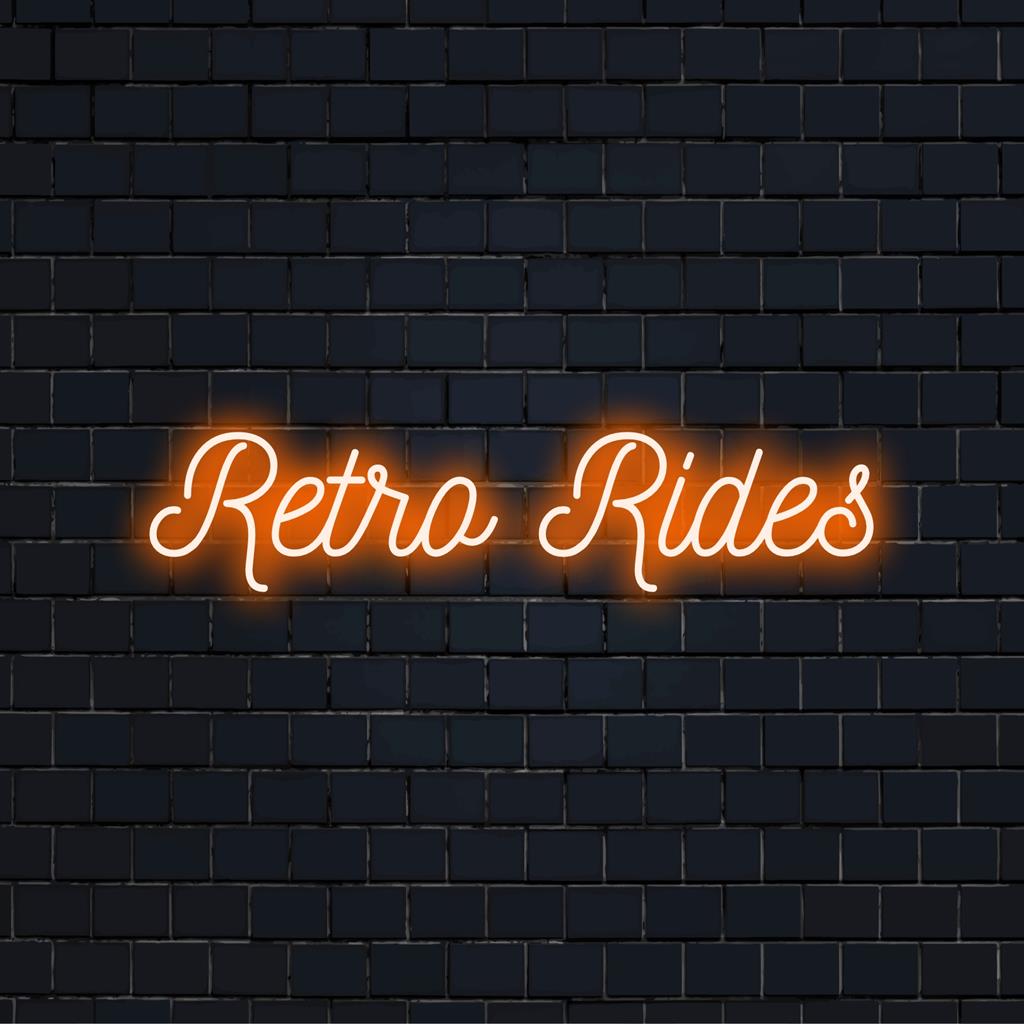 Letreiro de LED neon vibrante da Retro Rides, brilhando em estilo clássico. Decoração de neon perfeita para entusiastas de carros e amantes de peças vintage.
