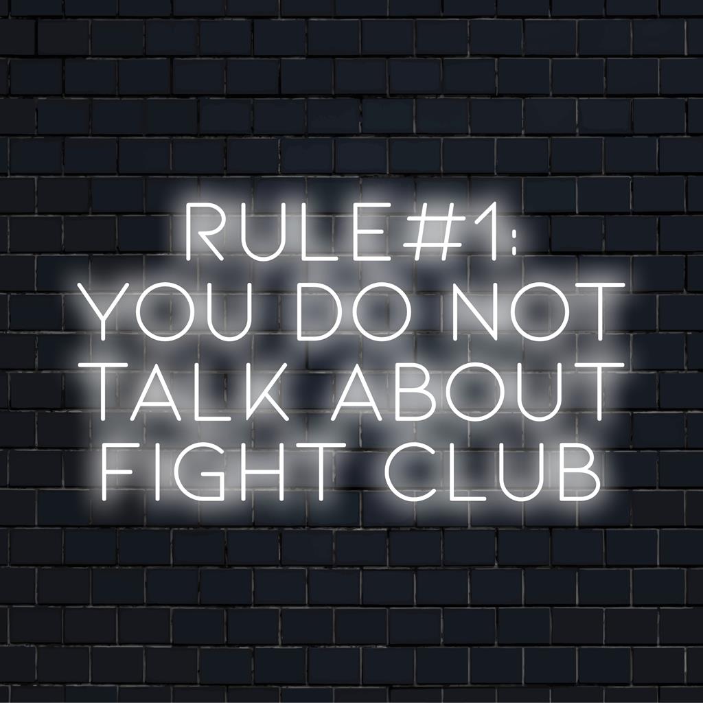 Placa de LED neon personalizada com a Regra nº 1: Não fale sobre Clube da Luta, em luzes brilhantes, adicionando personalidade ousada ao seu espaço.