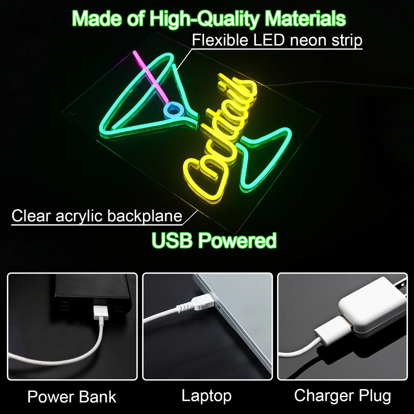 Letreiro de LED Verde Cocktails 5V USB - Econômico