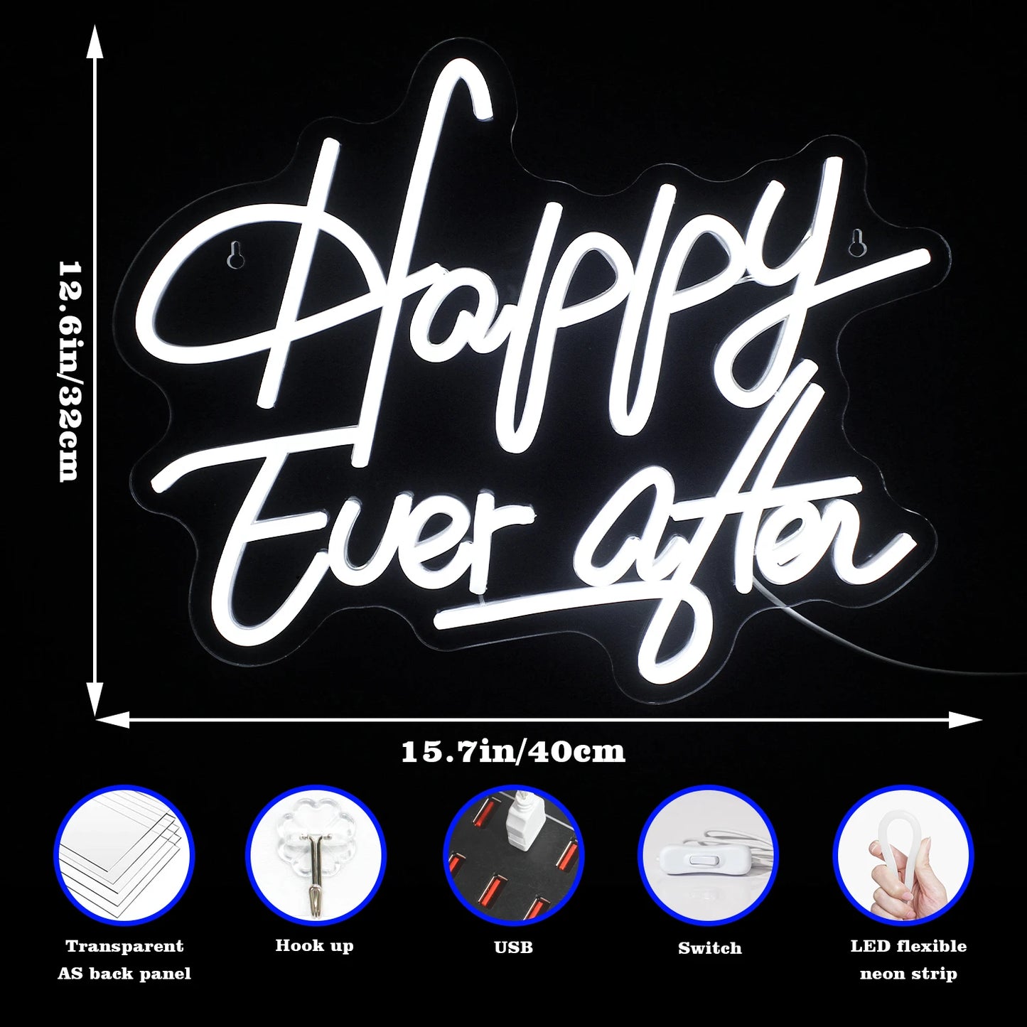 Placa de LED "Happy Ever After" 5V USB - Econômica