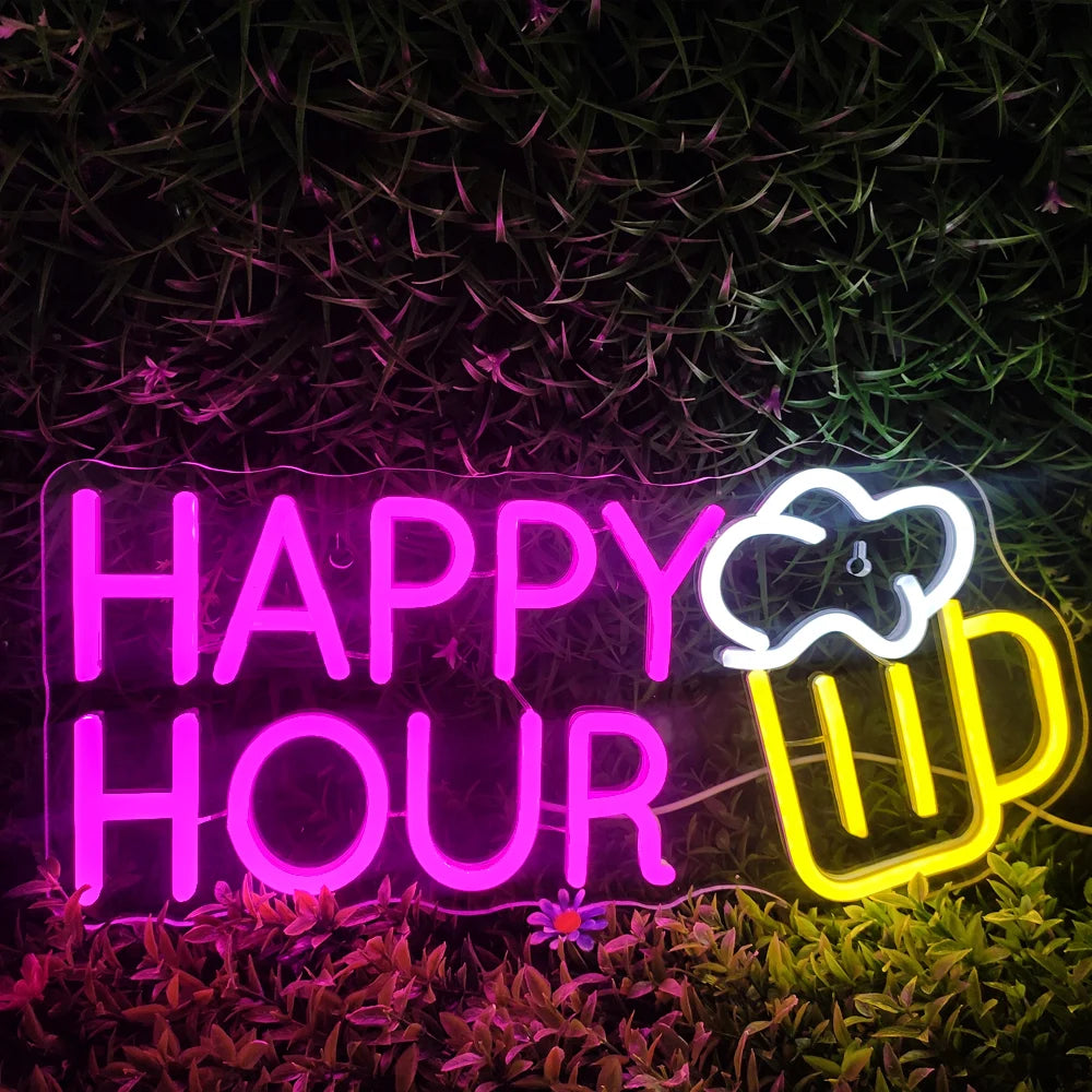 A imagem apresenta uma vibrante placa de LED neon exibindo as palavras "Happy Hour" em uma escrita divertida e convidativa.