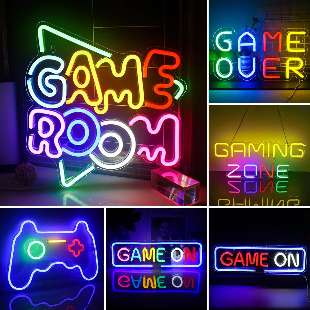 A imagem exibe uma vibrante placa de LED neon que diz "Game Room" em uma tipografia ousada e divertida.