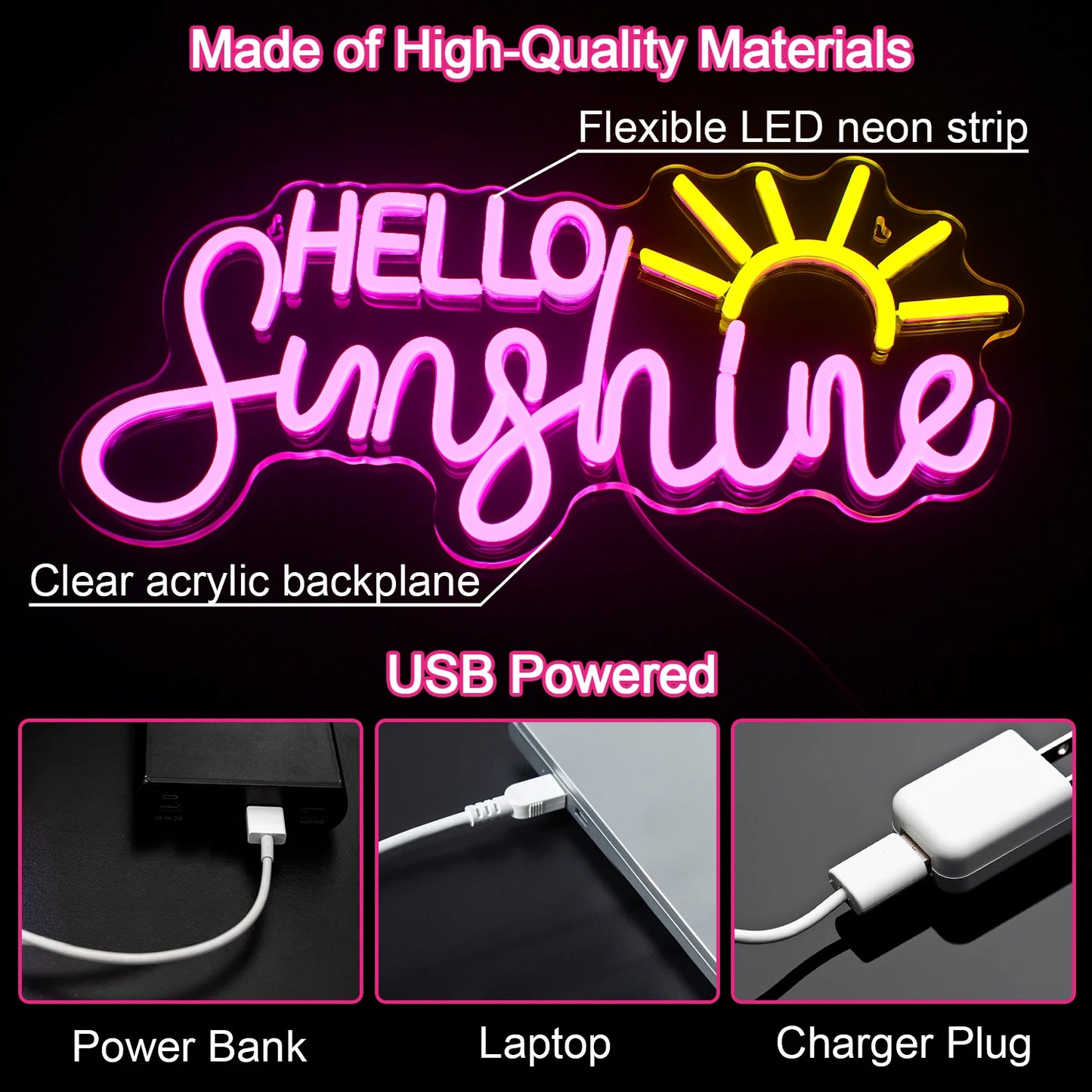 Hello Sunshine Letreiro de LED USB 5V - Econômico