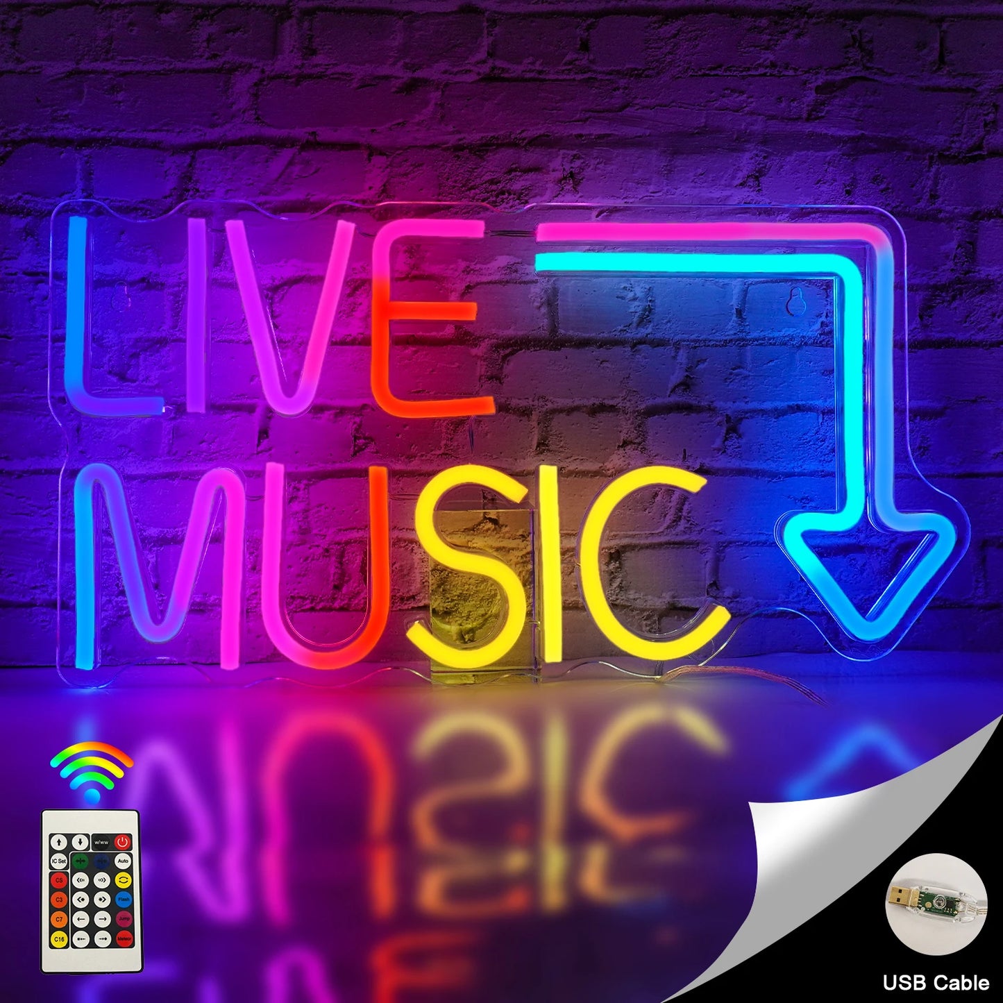 Uma vibrante placa de LED neon exibindo a frase "Música ao vivo" em uma fonte artística e em negrito.