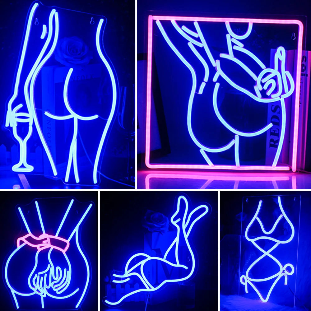 A imagem mostra um letreiro de LED neon vibrante representando a silhueta de uma mulher glamourosa em uma pose sedutora.