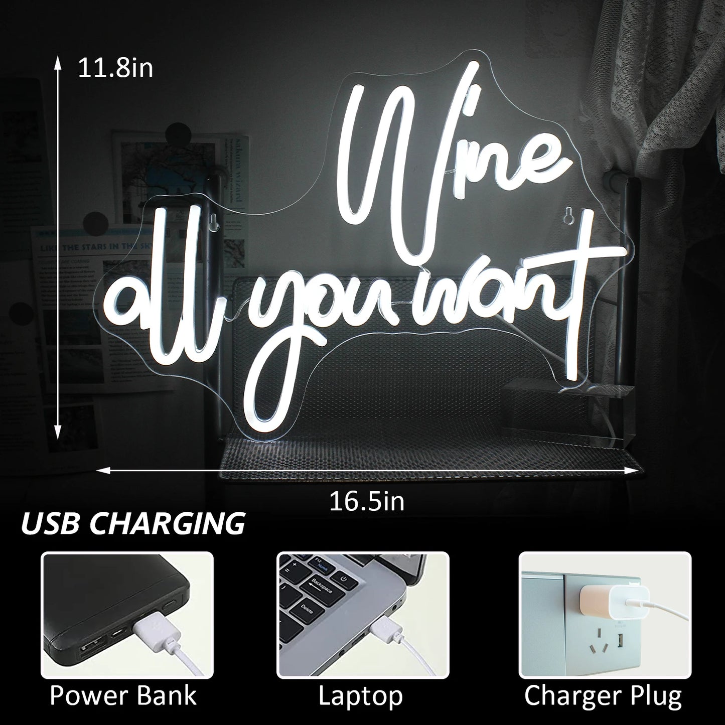 Letreiro de LED USB 5V "Wine All You Want" - Econômico
