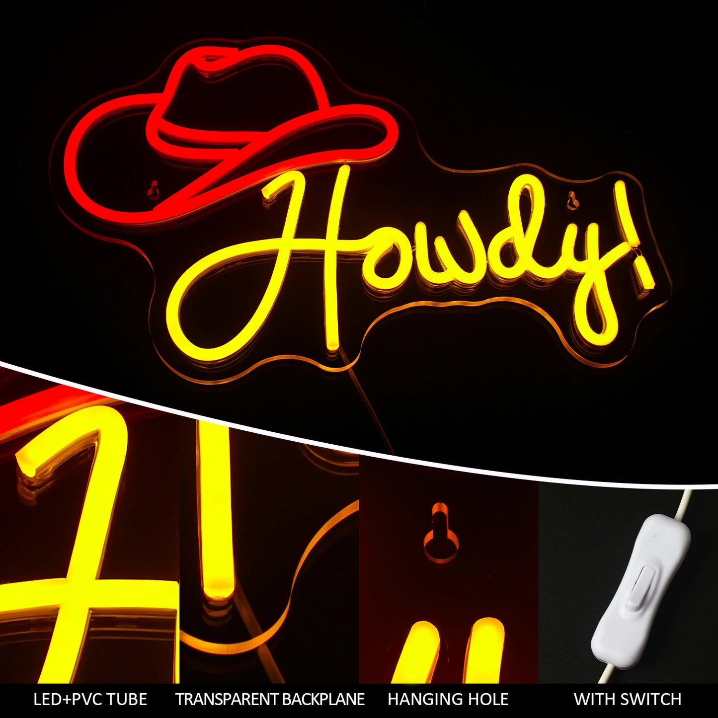 Howdy Chapéu de Cowboy Letreiro de LED USB 5V - Econômico