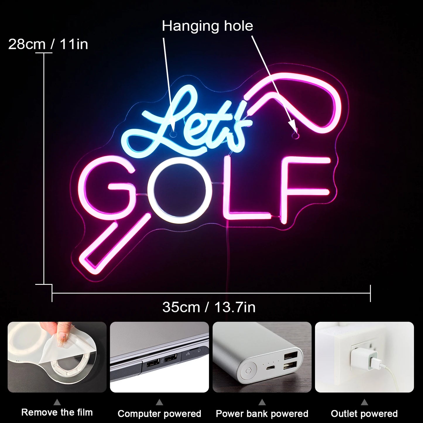 Vamos Jogar Golfe Letreiro de LED USB 5V - Econômico