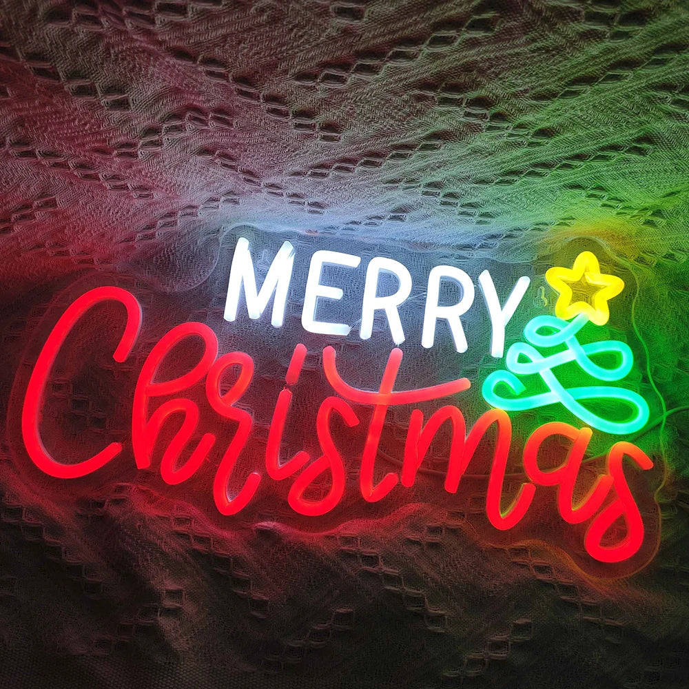 A imagem apresenta uma vibrante placa de LED neon feita à mão que diz "Feliz Natal" em uma escrita elegante e fluida.