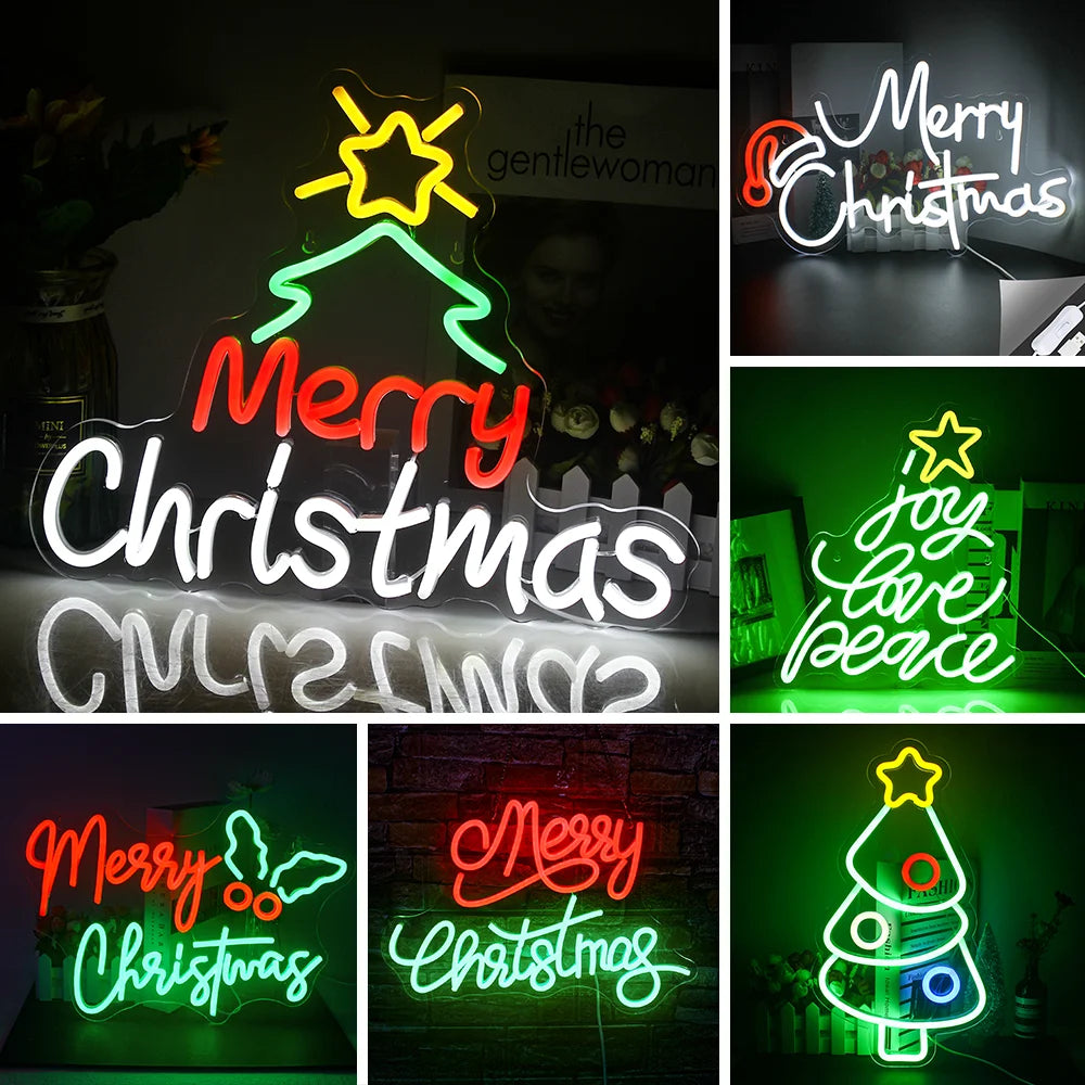 A imagem apresenta uma vibrante placa de LED neon com os dizeres "Feliz Natal", irradiando um brilho quente e festivo.