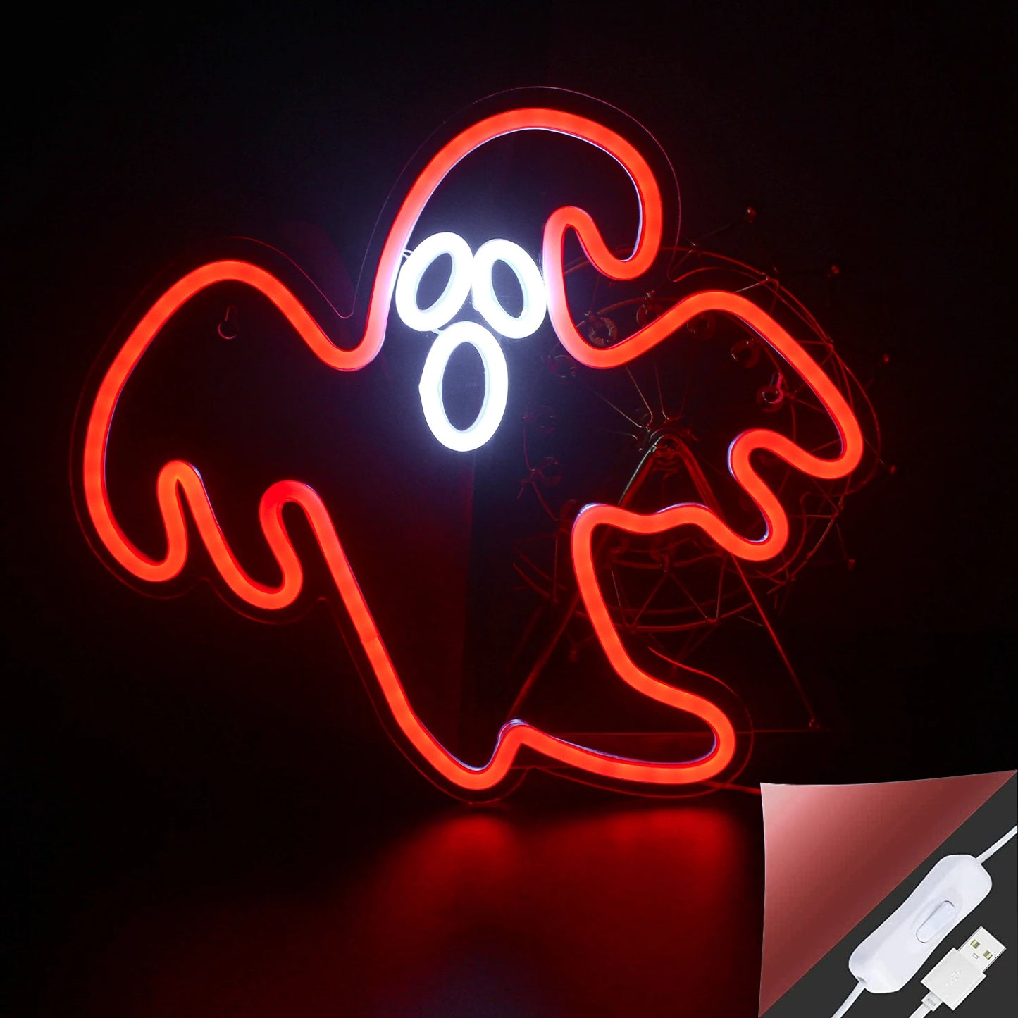 A imagem apresenta uma placa de LED neon vibrante, feita à mão, projetada especificamente para o Halloween.