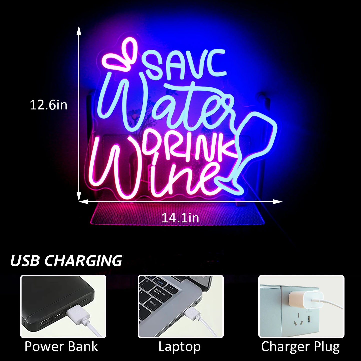 Economize Água Beba Vinho 5V USB Letreiro de LED - Econômico