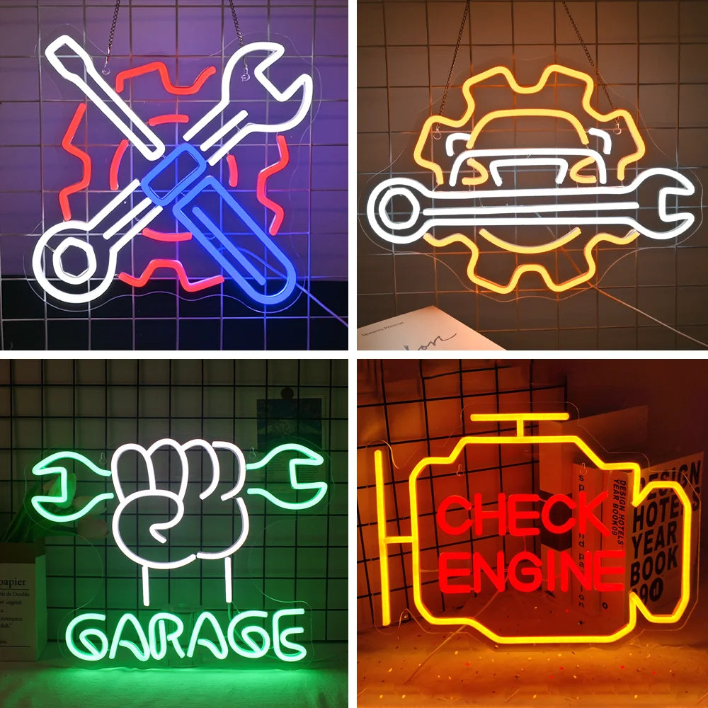 Uma vibrante placa de LED neon com os dizeres "Garagem" em letras grandes e elegantes, iluminada por uma luz branca brilhante.