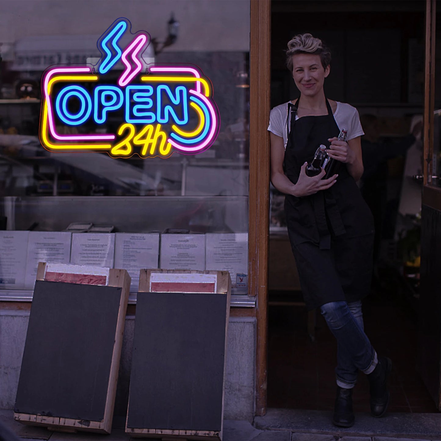 Letreiro de LED 5V USB "Aberto 24 Horas" - Econômico