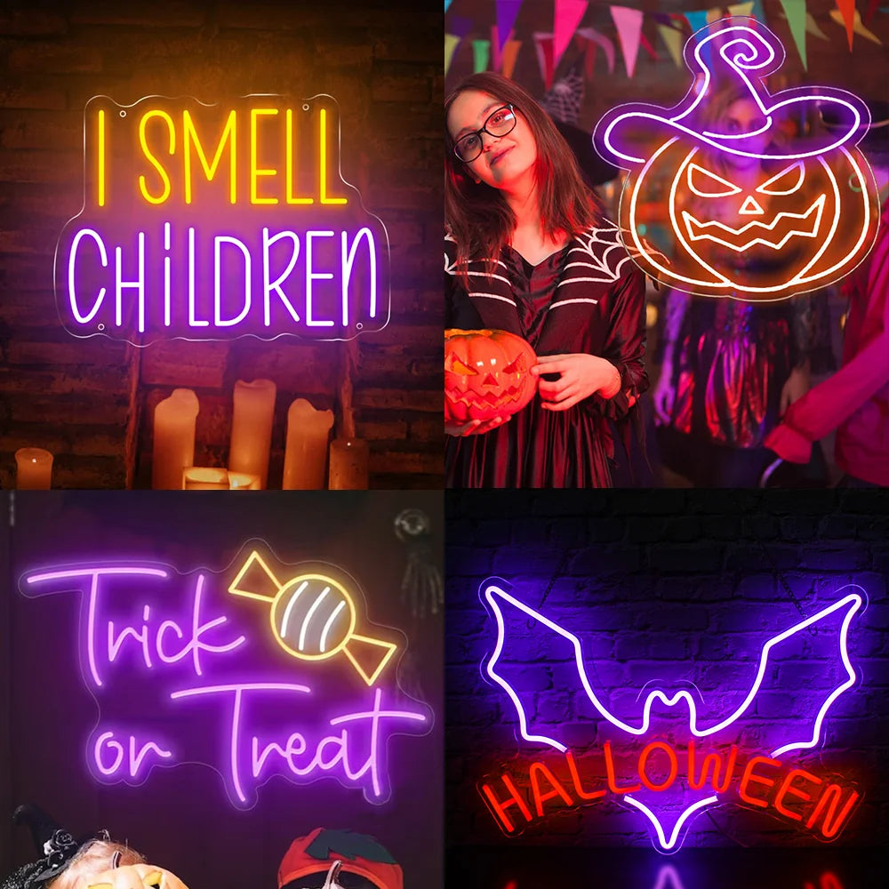 A imagem exibe uma vibrante placa de LED neon que diz "Trick or Treat" em letras divertidas e estilizadas.