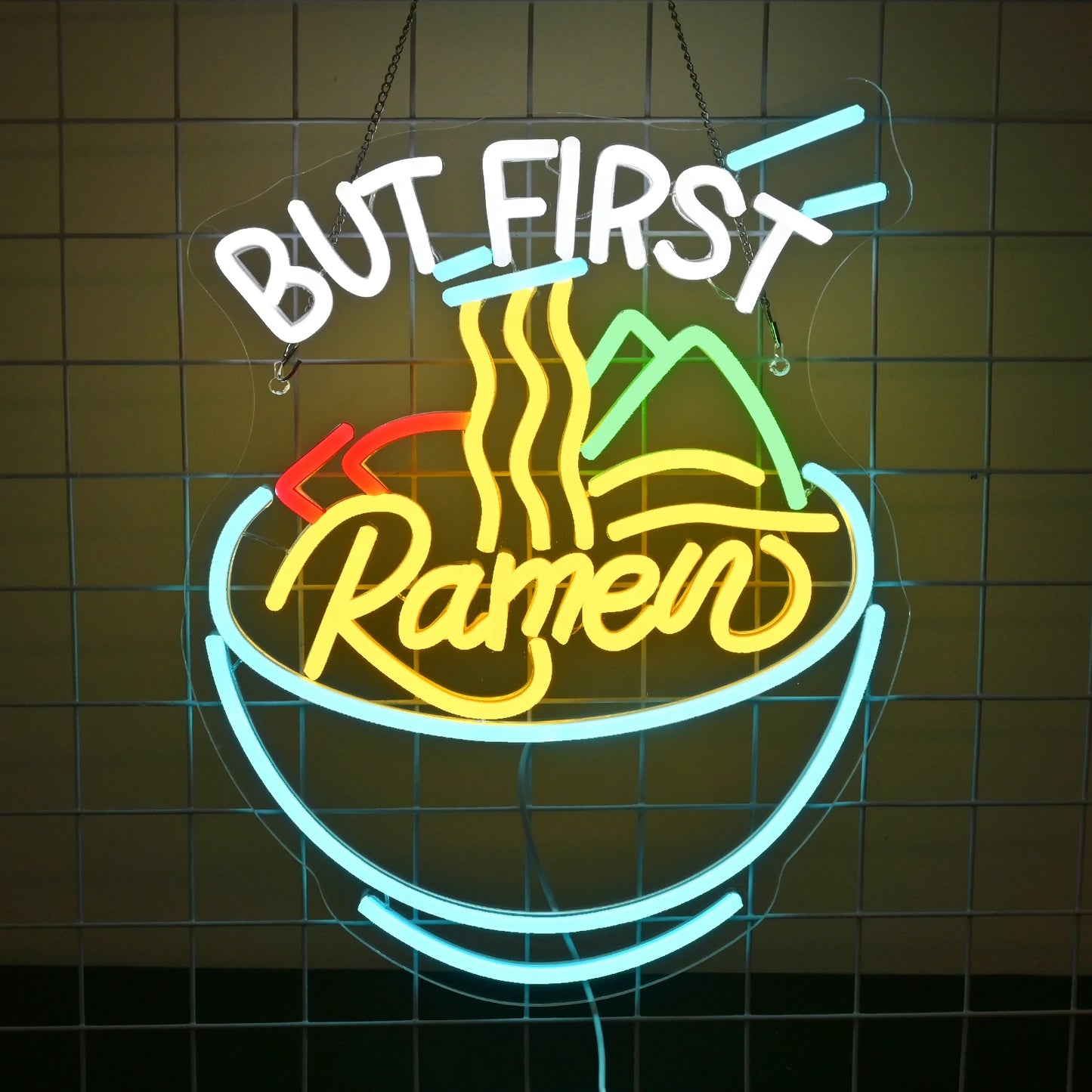 Um letreiro de LED neon vibrante em formato de uma tigela fumegante de ramen.
