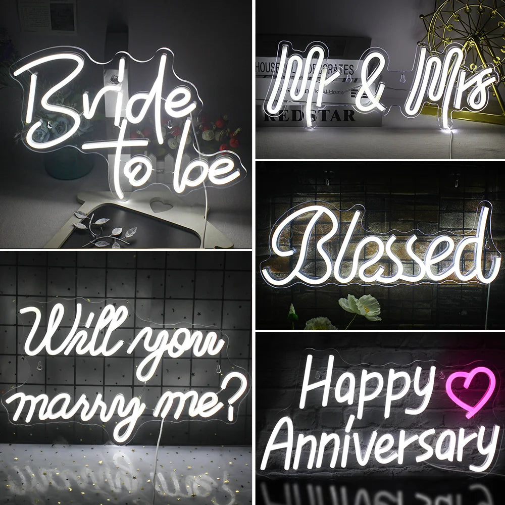 "Um elegante letreiro de neon LED projetado para decoração de casamento, com a frase 'Felizes para Sempre' em uma linda fonte cursiva.