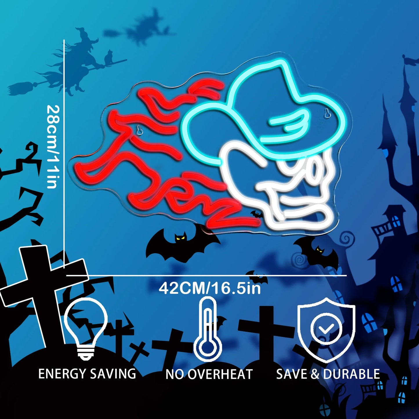 Chapéu de Cowboy Crânio em Chamas Letreiro de LED USB 5V - Econômico