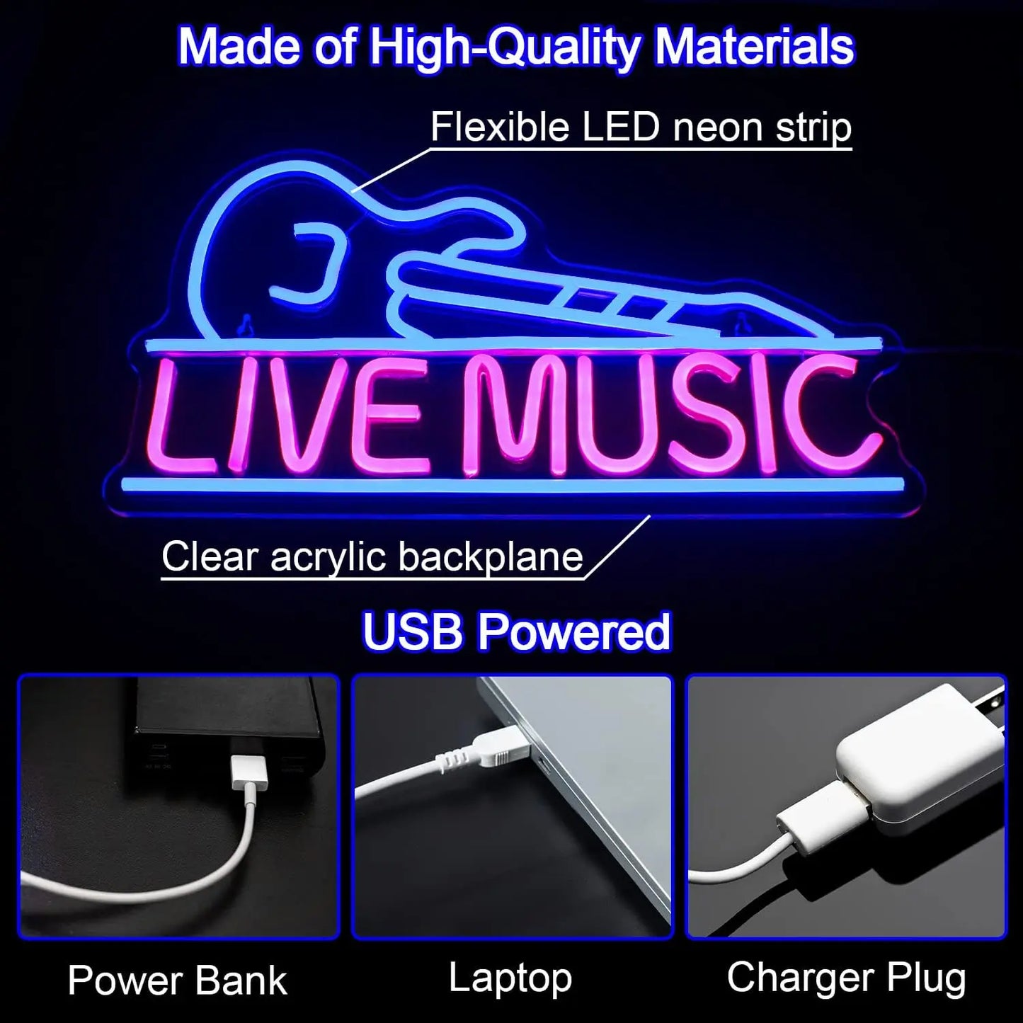 Guitarra de Música ao Vivo 5V USB Letreiro de LED - Econômico