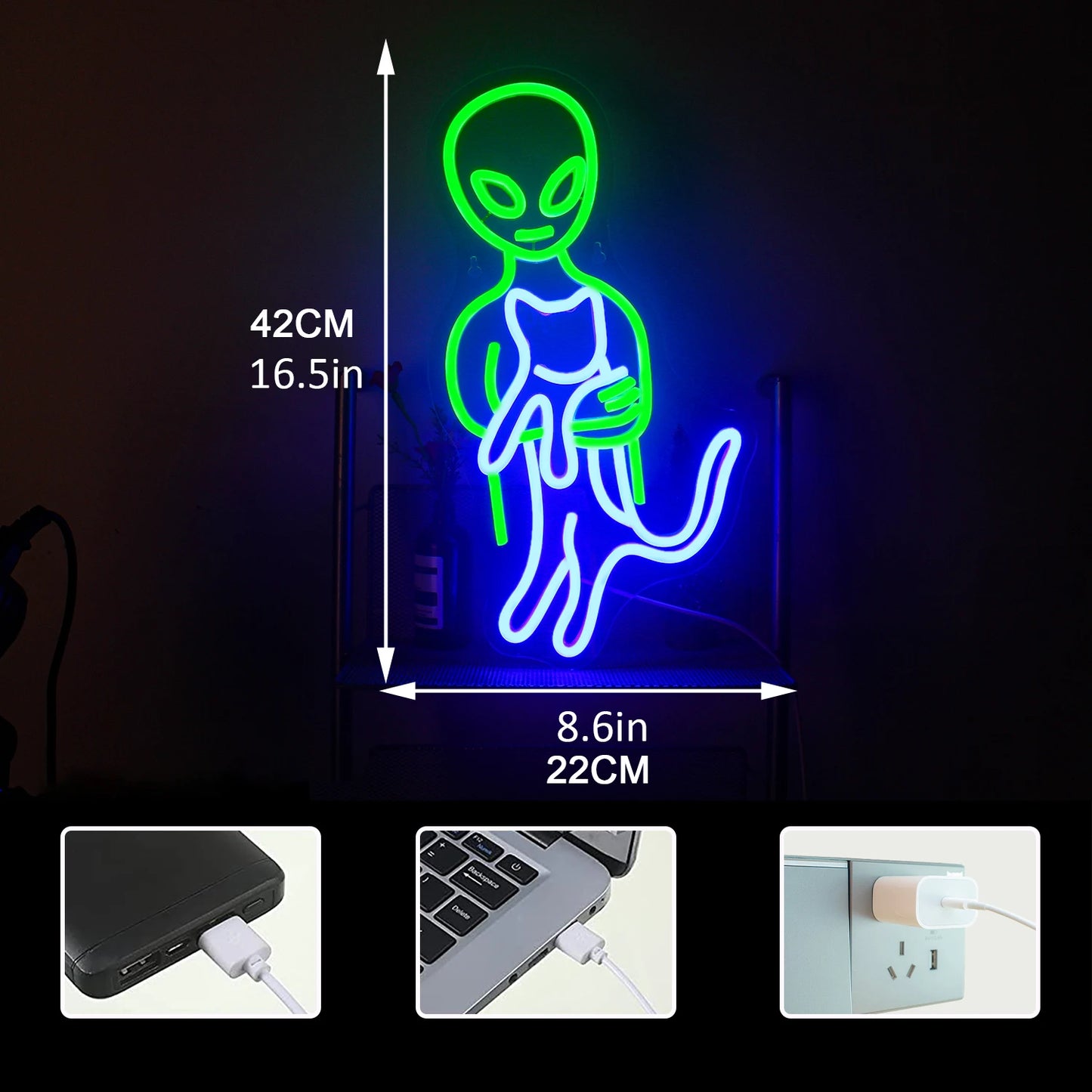 Letreiro Econômico de LED com Alien Verde 5V USB