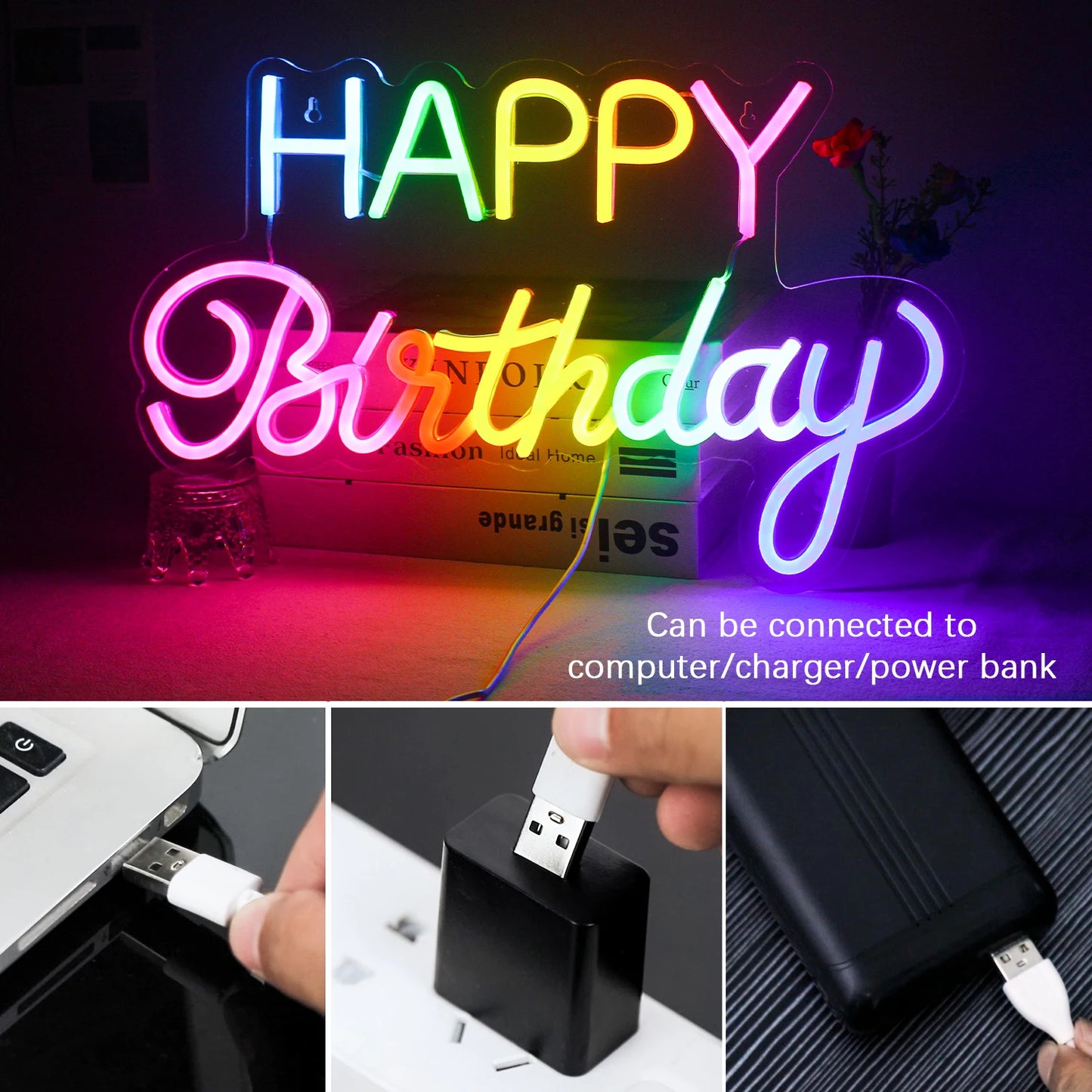 Letreiro de LED "Feliz Aniversário" Colorido 5V USB - Econômico
