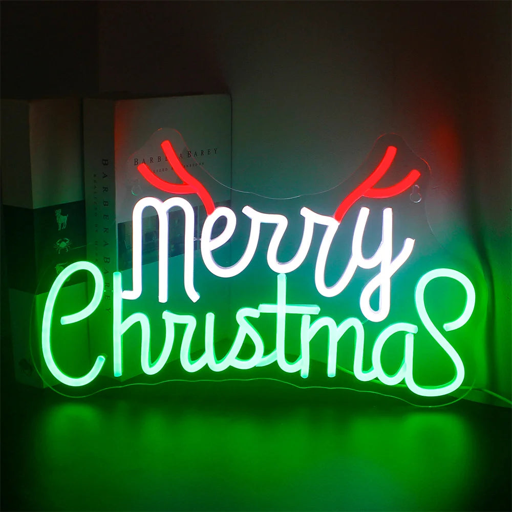 Uma placa de LED neon brilhante e festiva exibindo a frase "Feliz Natal" em uma escrita divertida e convidativa.