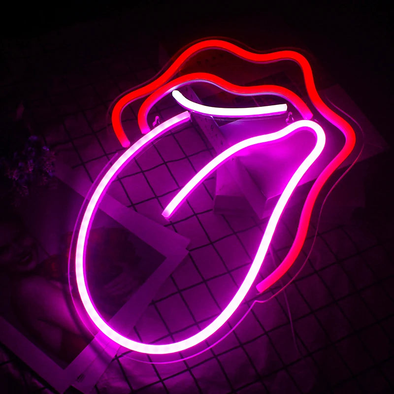 Placa de neon LED mini USB 5V com lábios vermelhos e língua grande - econômica