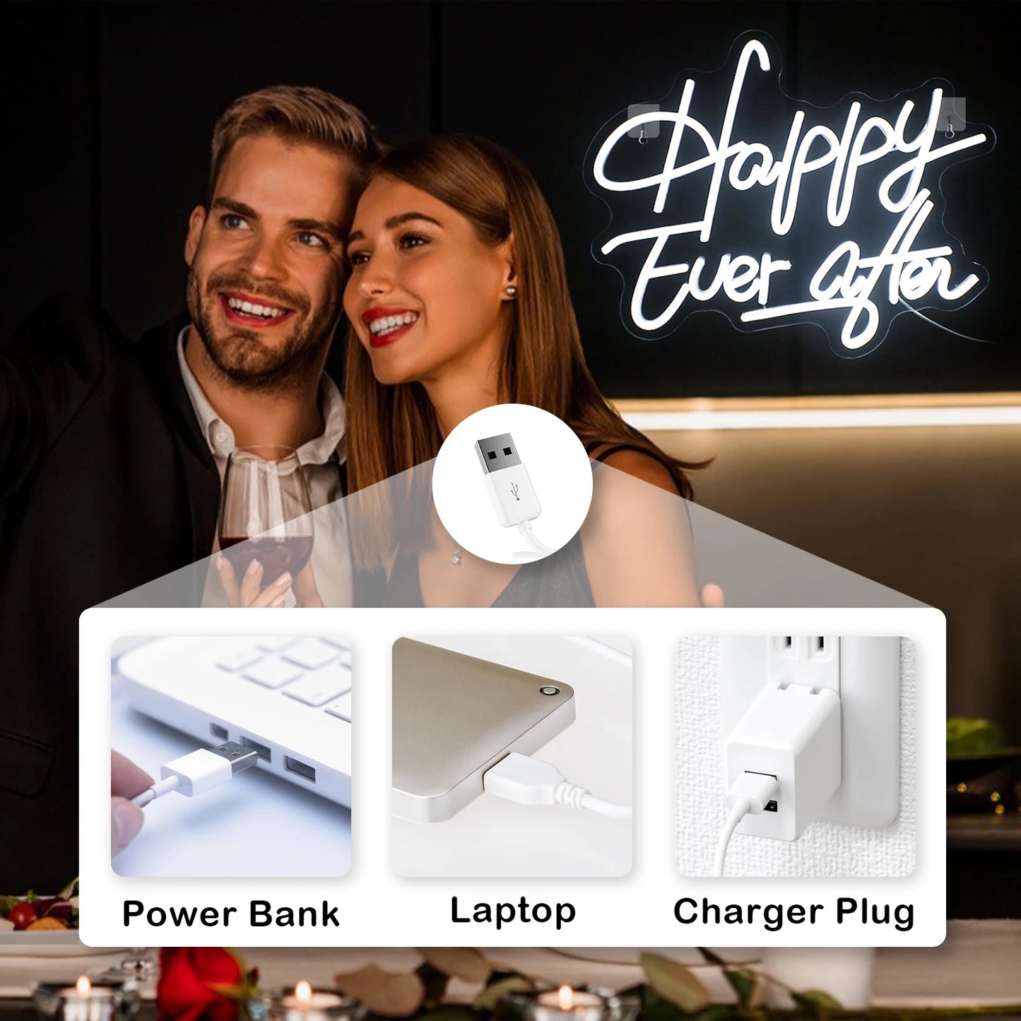 Placa de LED "Happy Ever After" 5V USB - Econômica