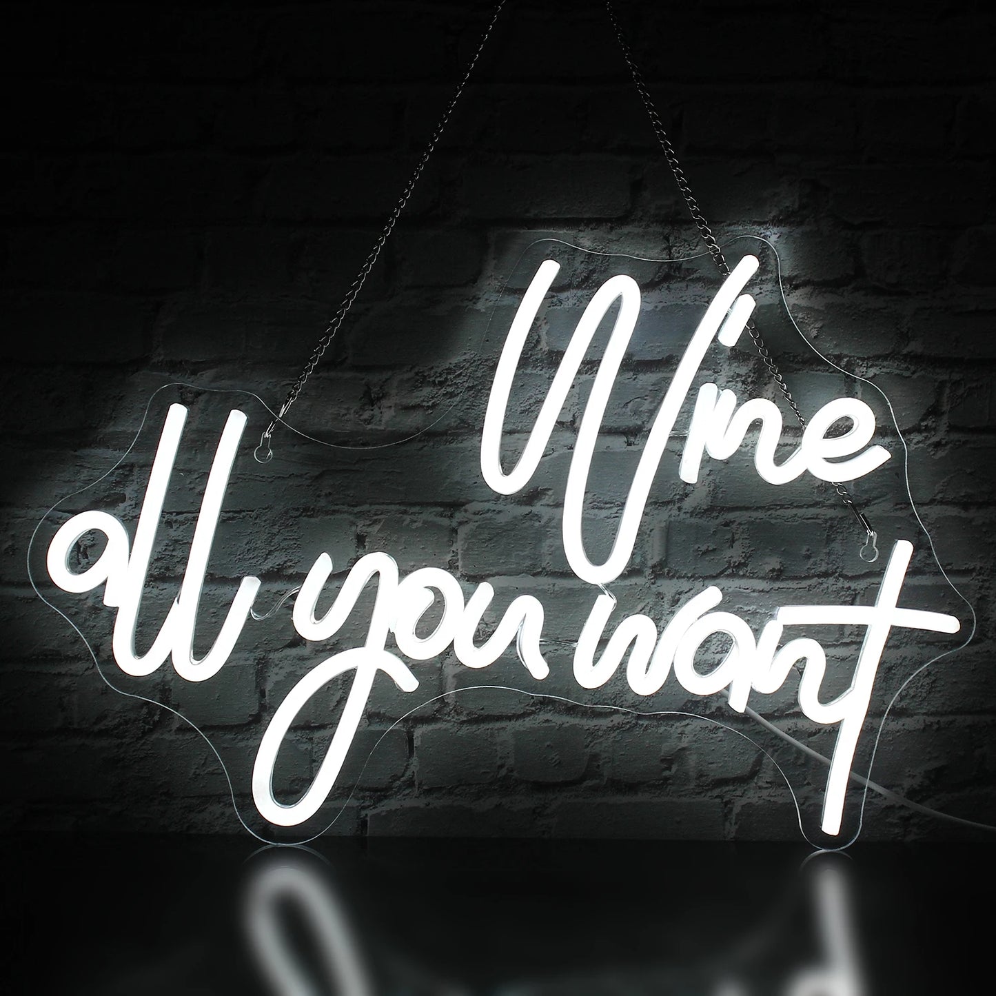 A imagem exibe uma vibrante placa de LED neon que diz "Vinho à vontade" em elegantes letras cursivas.