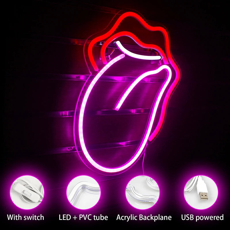 Placa de neon LED mini USB 5V com lábios vermelhos e língua grande - econômica