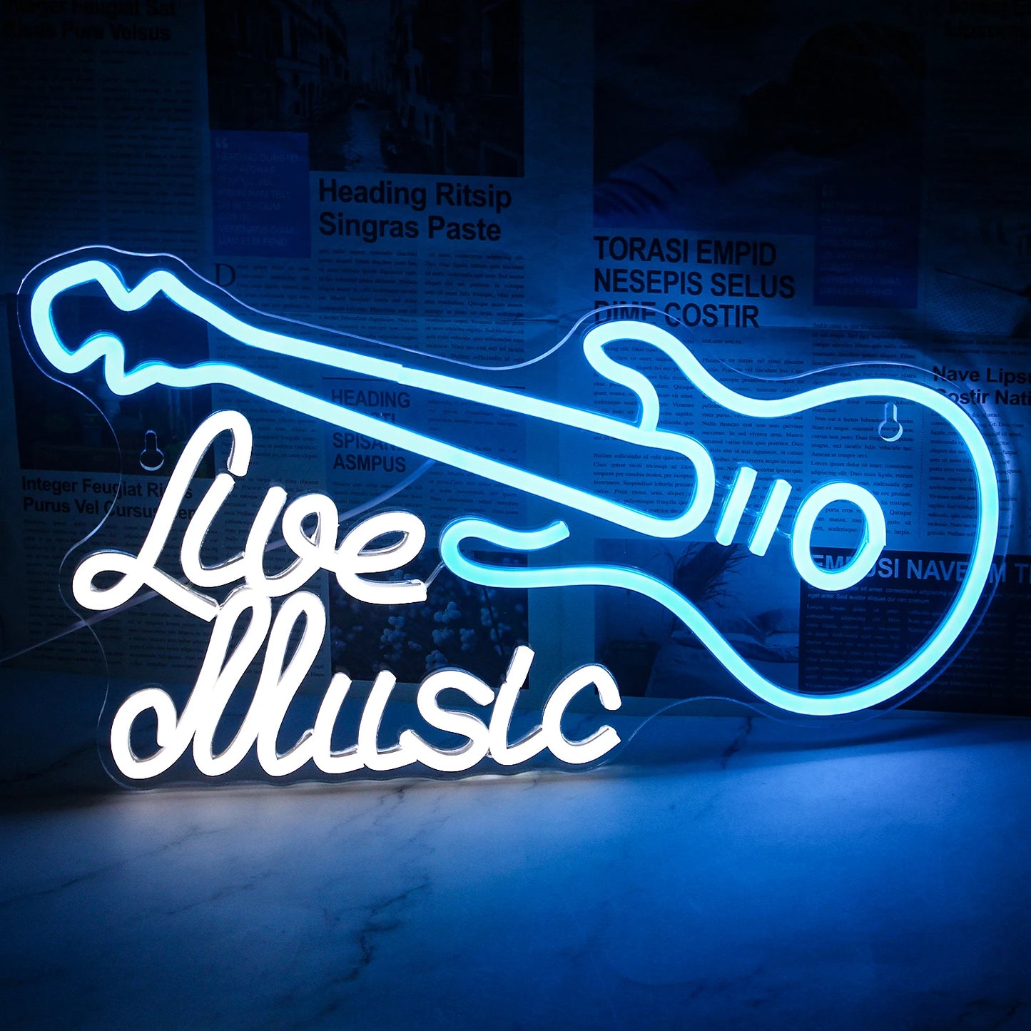 "Um letreiro de LED neon vibrante no formato de uma guitarra elétrica.