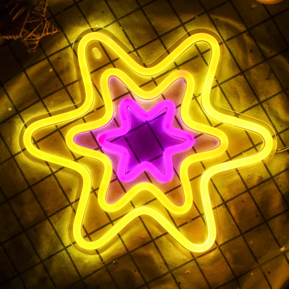A imagem mostra uma placa de LED neon feita à mão no formato de uma estrela hexagonal.