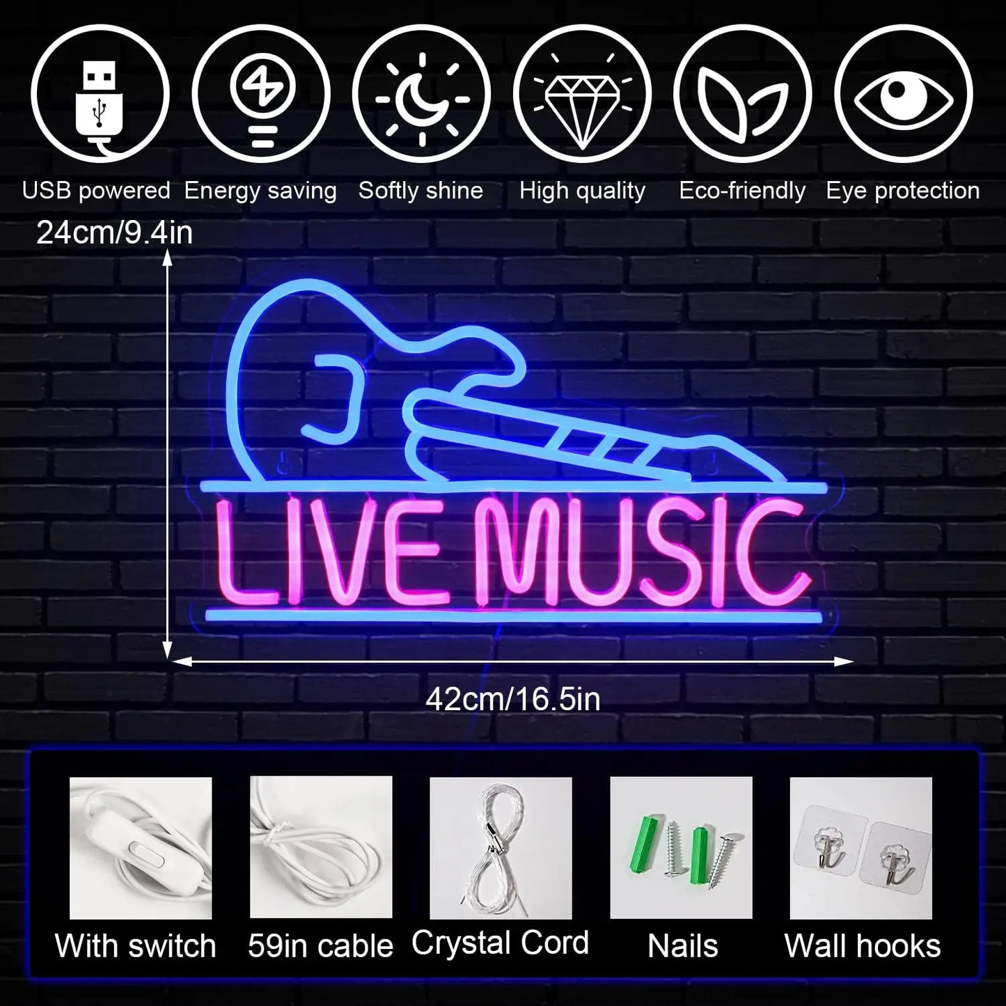 Guitarra de Música ao Vivo 5V USB Letreiro de LED - Econômico