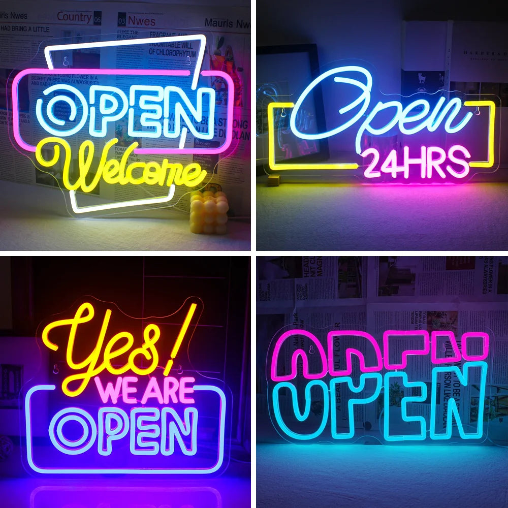 Uma vibrante placa de LED neon feita à mão com a palavra "Bem-vindo" escrita em uma fonte cursiva animada.