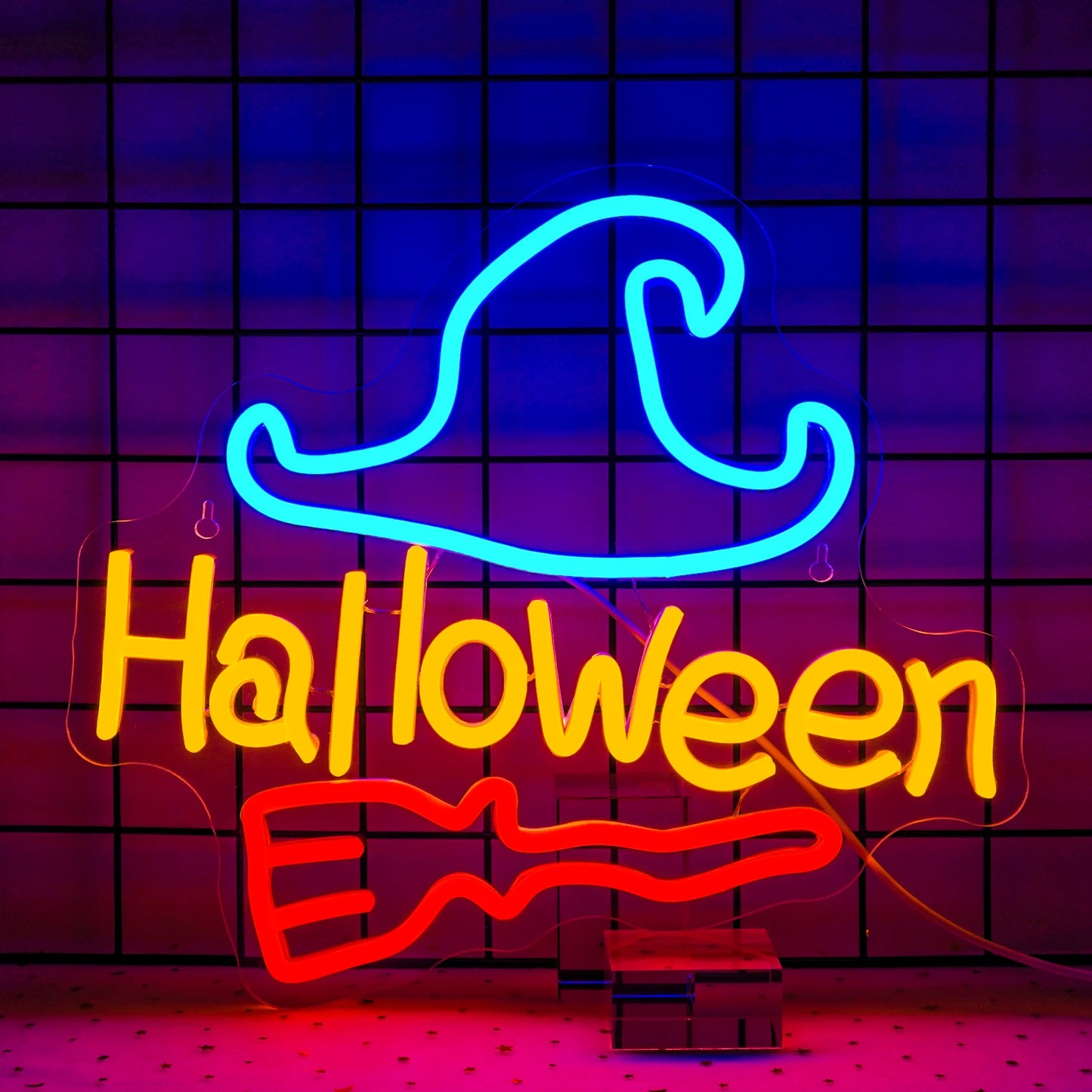 A imagem mostra uma vibrante placa de LED neon projetada para o Halloween.