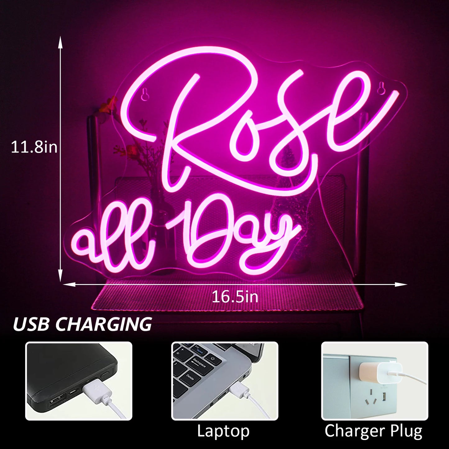 Letreiro de LED Rosa All Day 5V USB - Econômico