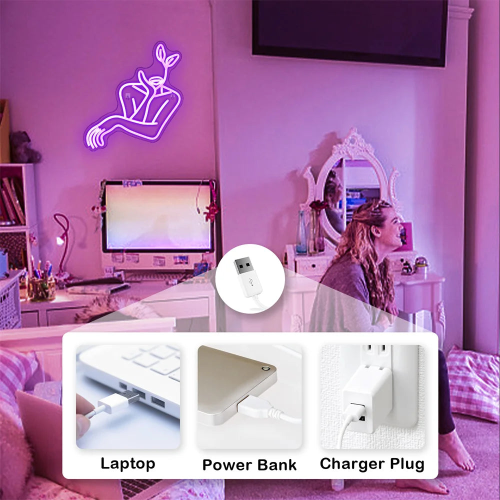 Letreiro de LED com Arte Linear de Mulher 5V USB - Econômico